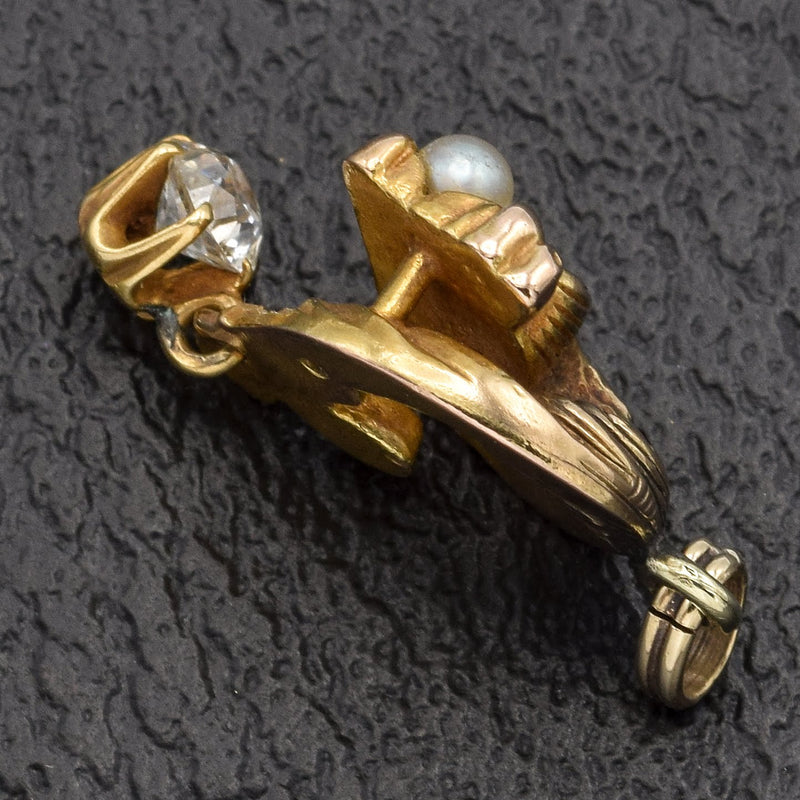 Vintage 14K Yellow Gold 0.32 Ct Old Euro Diamond Pearl Dragon Charm Pendant