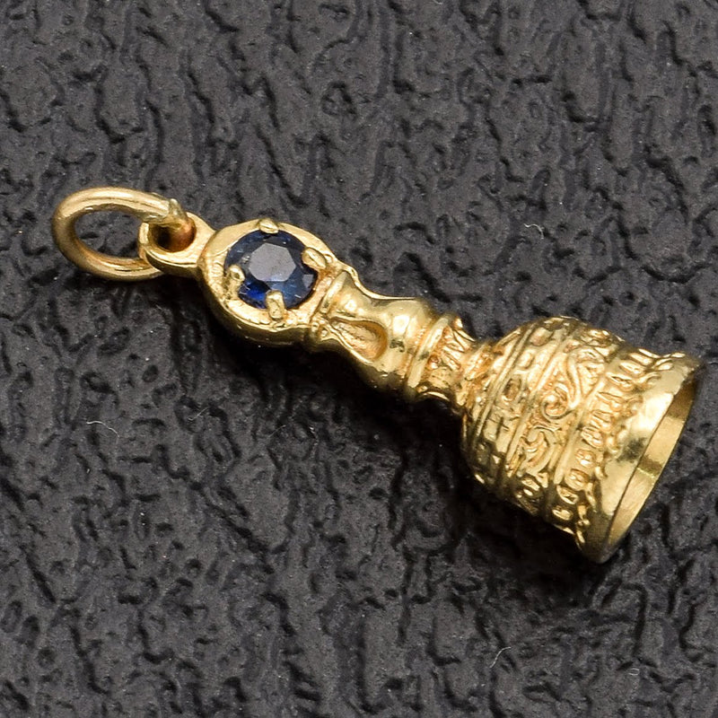 Vintage 14K Yellow Gold Sapphire Etched Bell Charm Pendant