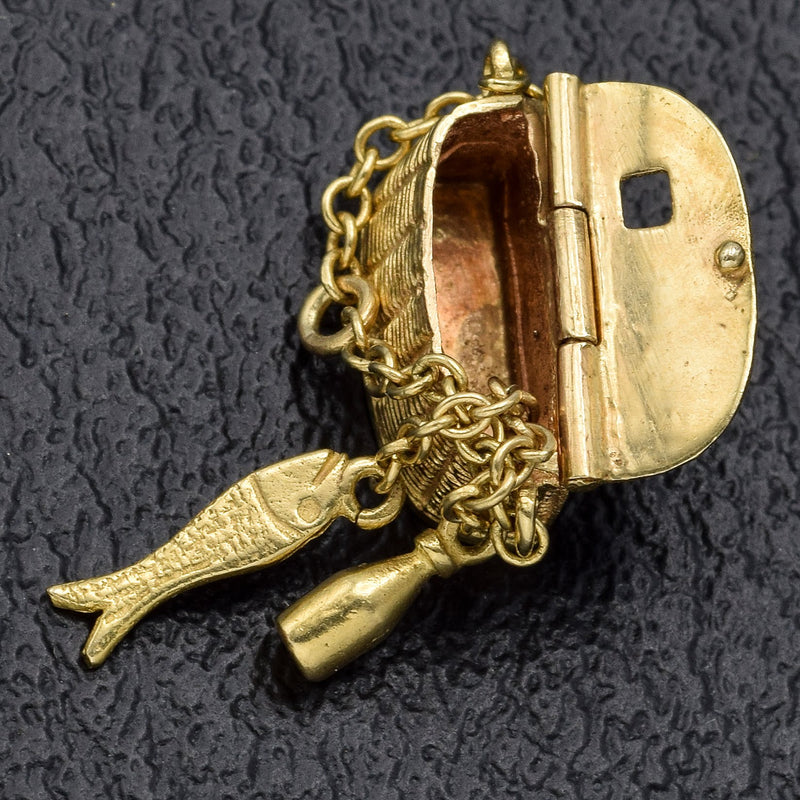 Vintage 14K Yellow Gold Fishing Creel Basket Charm Pendant