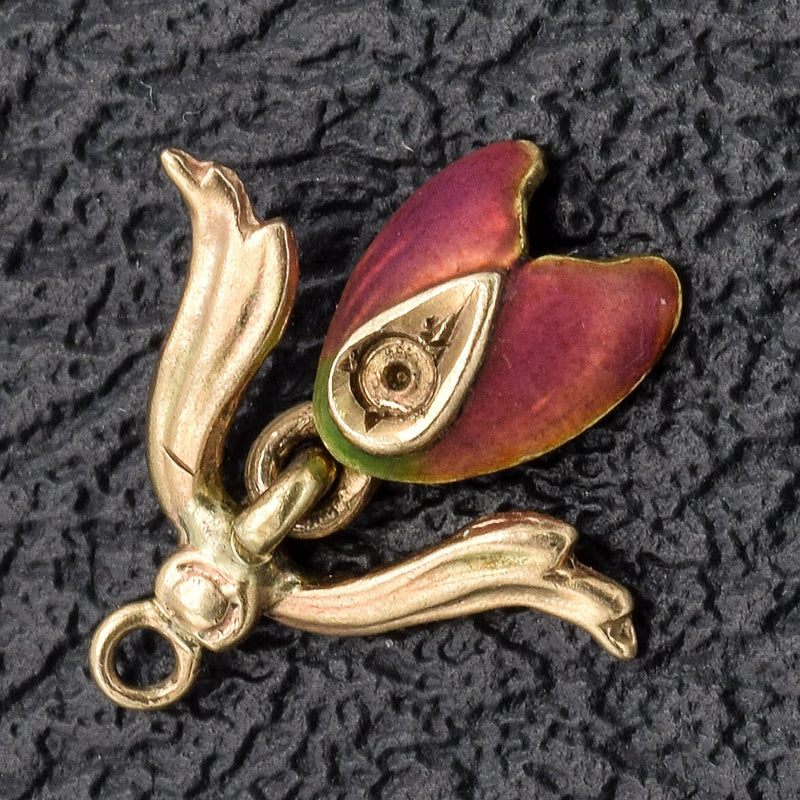 Vintage 10K Yellow Gold Enamel Tulip Flower Charm Pendant