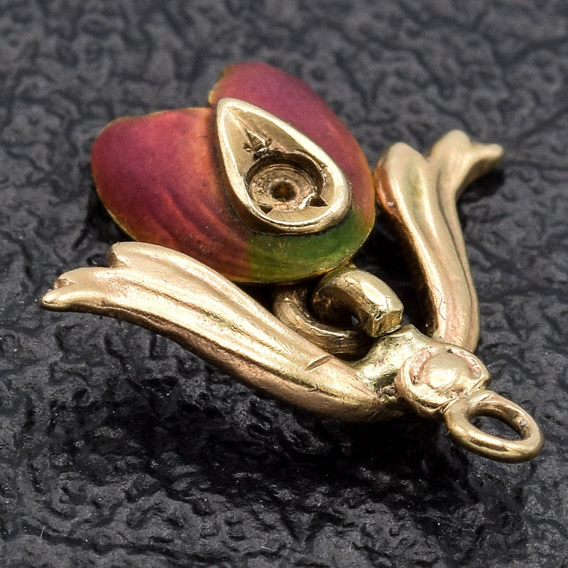Vintage 10K Yellow Gold Enamel Tulip Flower Charm Pendant