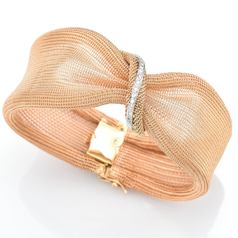 Estate 14K Rose Gold Diamond Mesh Hinged Bracelet