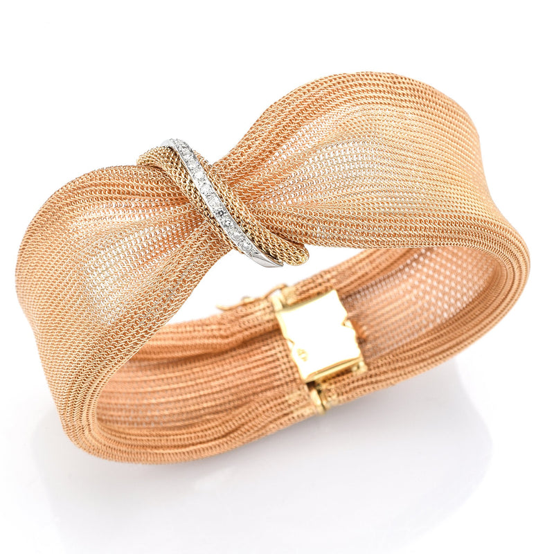 Estate 14K Rose Gold Diamond Mesh Hinged Bracelet