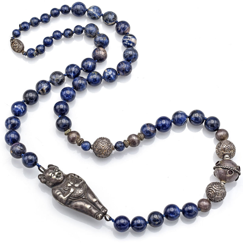 Chinese Antique Sterling Silver Nezha Sodalite Beaded Strand Necklace