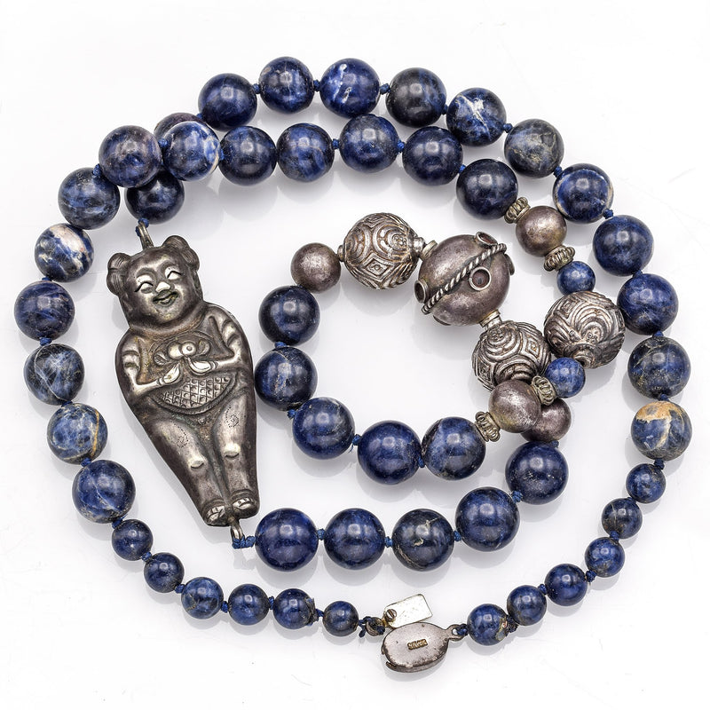 Chinese Antique Sterling Silver Nezha Sodalite Beaded Strand Necklace