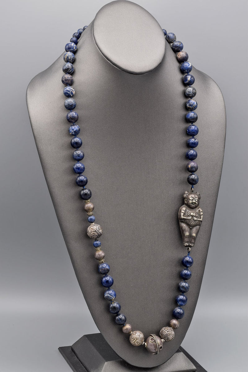 Chinese Antique Sterling Silver Nezha Sodalite Beaded Strand Necklace