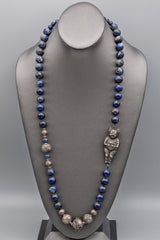 Chinese Antique Sterling Silver Nezha Sodalite Beaded Strand Necklace