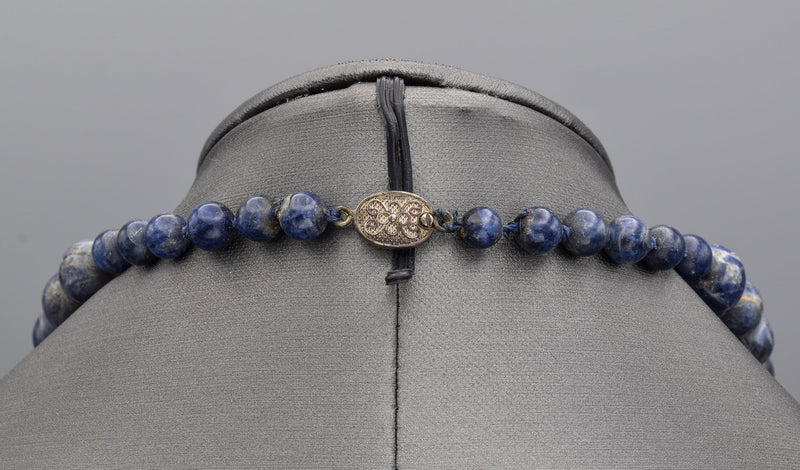 Chinese Antique Sterling Silver Nezha Sodalite Beaded Strand Necklace