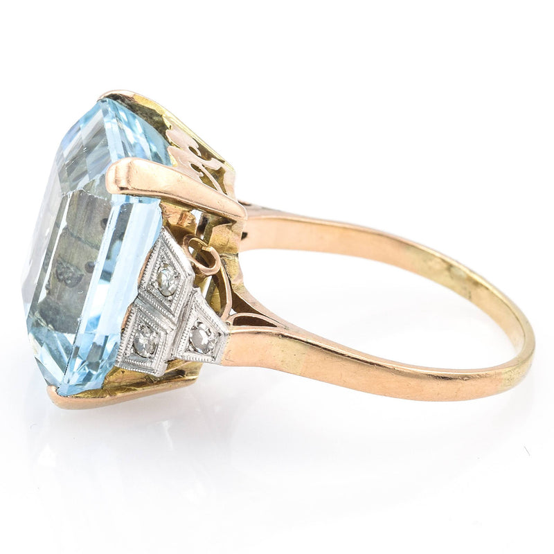 Antique 14K Gold 14.44 Ct Aquamarine & Diamond Cocktail Ring