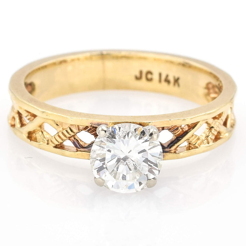 Vintage 14K Yellow Gold Diamond Solitaire Filigree Band Ring