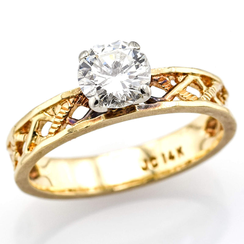 Vintage 14K Yellow Gold Diamond Solitaire Filigree Band Ring