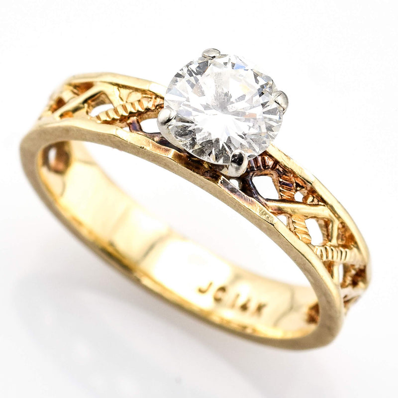 Vintage 14K Yellow Gold Diamond Solitaire Filigree Band Ring