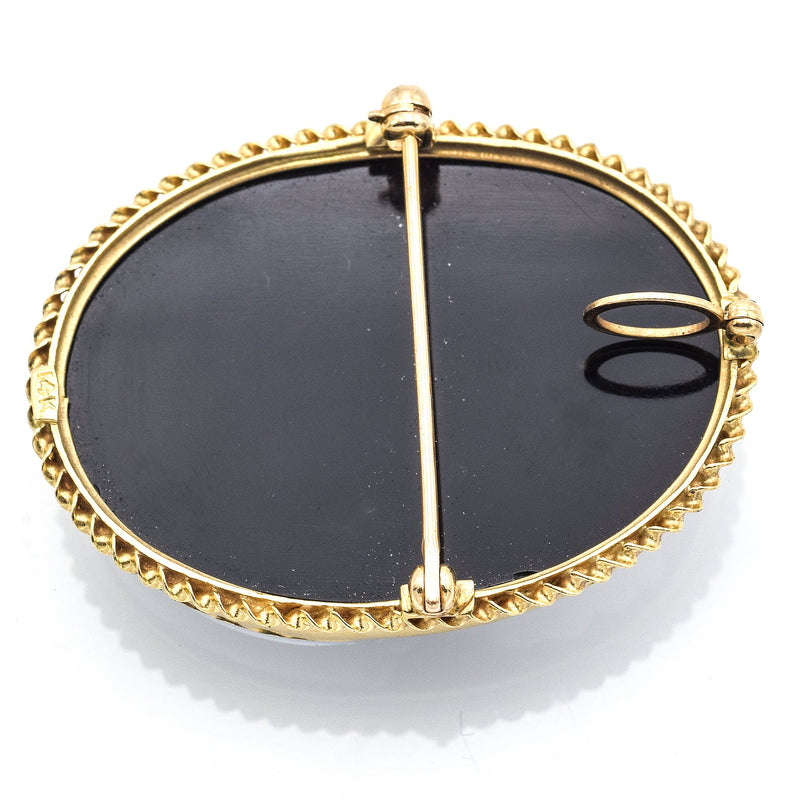 Antique 14K Yellow Gold Onyx Oval Cameo Brooch Pin Pendant
