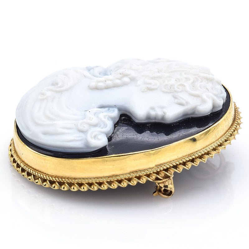 Antique 14K Yellow Gold Onyx Oval Cameo Brooch Pin Pendant
