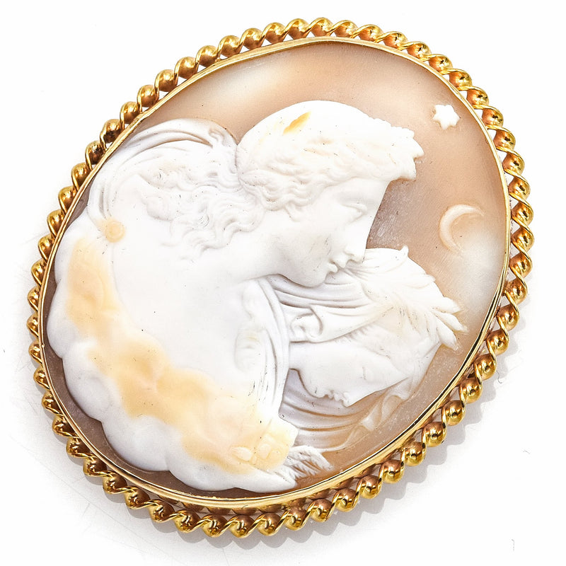 Antique 14K Yellow Gold Large Oval Cameo Brooch Pin Pendant