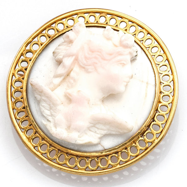 Antique 10K Yellow Gold Round White Cameo Brooch Pin
