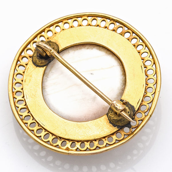 Antique 10K Yellow Gold Round White Cameo Brooch Pin