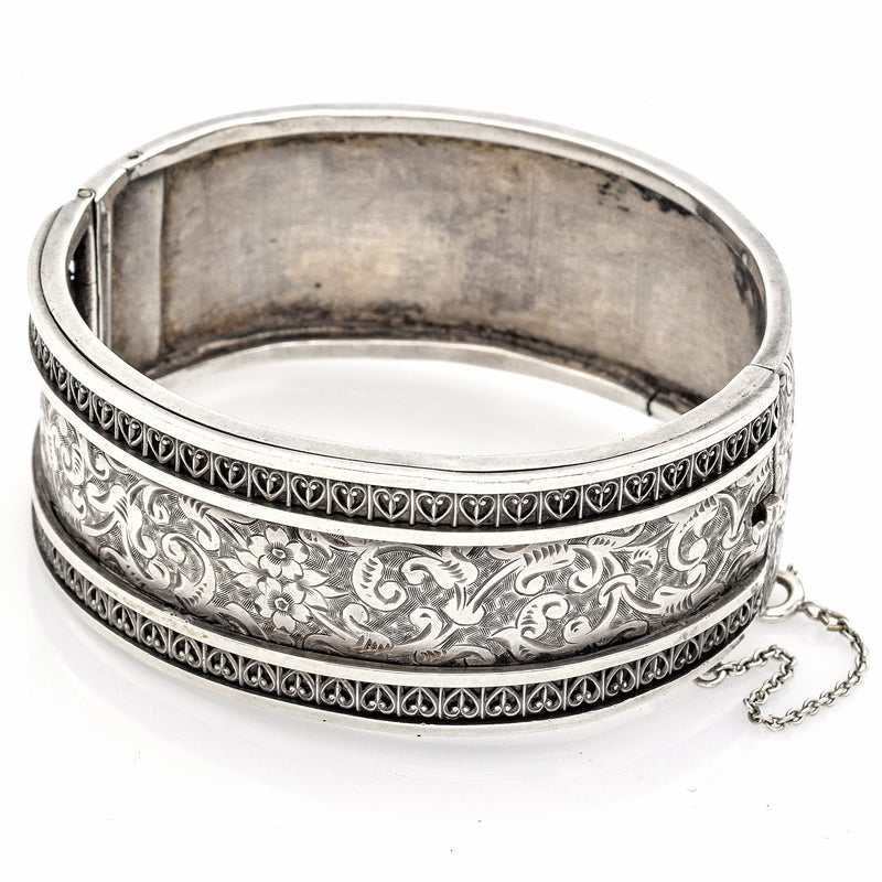 Antique Sterling Silver Victorian Floral Etched Bangle Bracelet