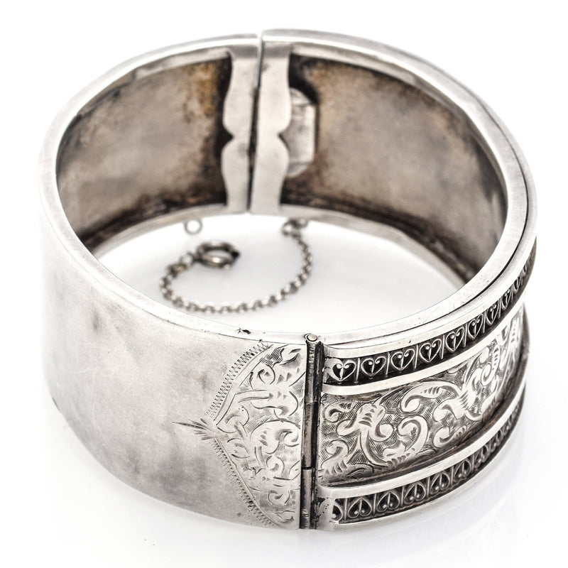 Antique Sterling Silver Victorian Floral Etched Bangle Bracelet