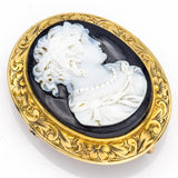 Antique 14K Yellow Gold Onyx Oval Cameo Etched Brooch Pin Pendant