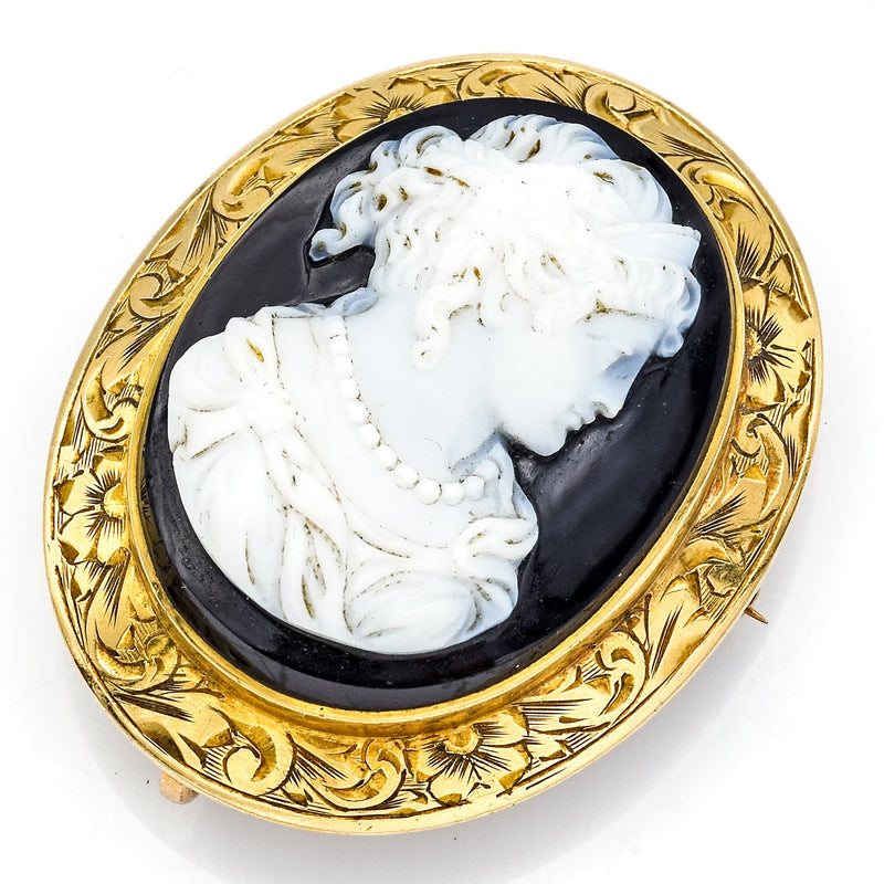 Antique 14K Yellow Gold Onyx Oval Cameo Etched Brooch Pin Pendant