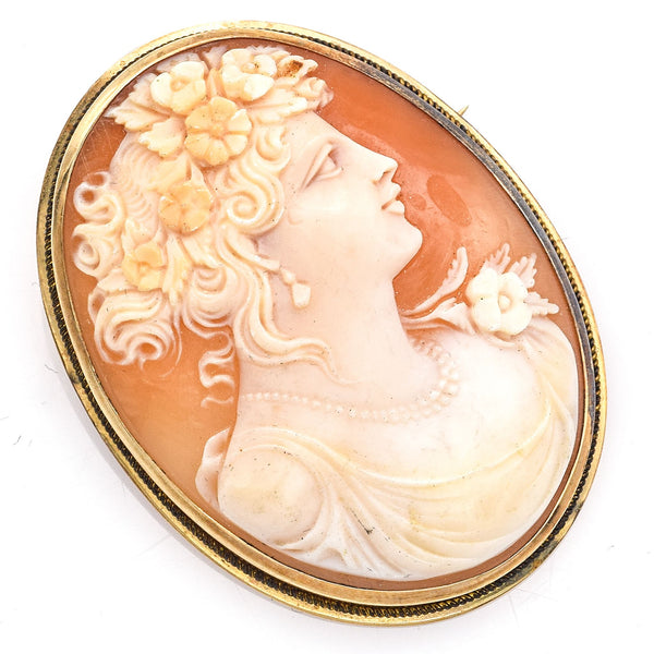 Antique 14K Yellow Gold Oval Cameo Brooch Pin Pendant