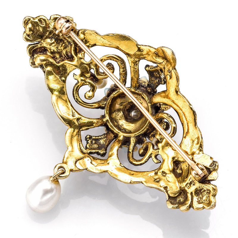 Antique Victorian 14K Gold Opal, Diamond & Sea Pearl Brooch Pin