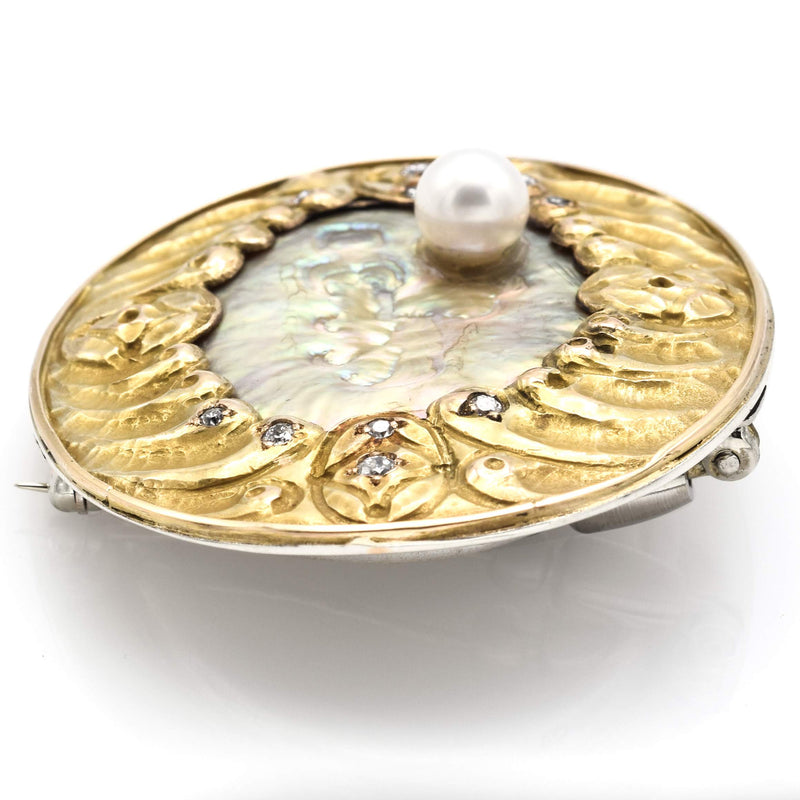Antique 14K White & Yellow Gold Abalone, Sea Pearl, & Diamond Brooch