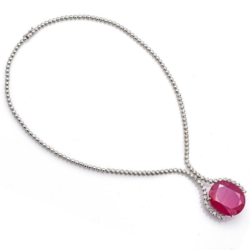 Estate 18K White Gold 52.62 Carats Ruby & 1.92 TCW Diamond Tennis Necklace H/I SI-1-I/1