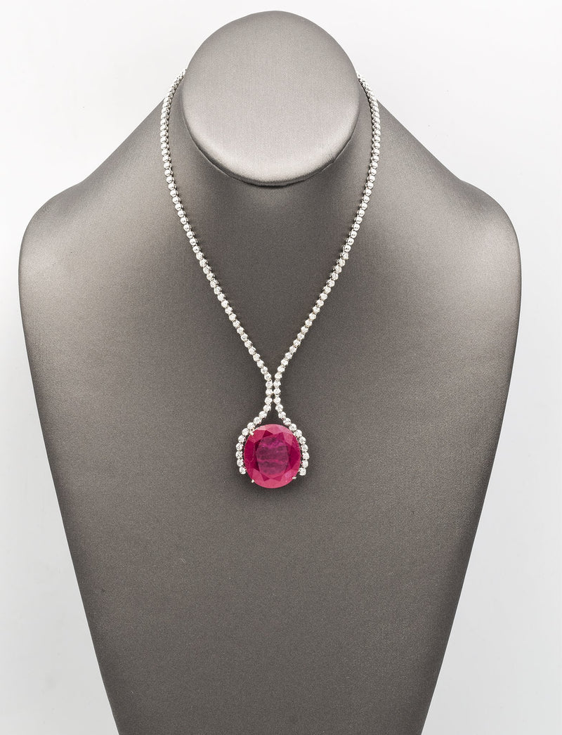 Estate 18K White Gold 52.62 Carats Ruby & 1.92 TCW Diamond Tennis Necklace H/I SI-1-I/1