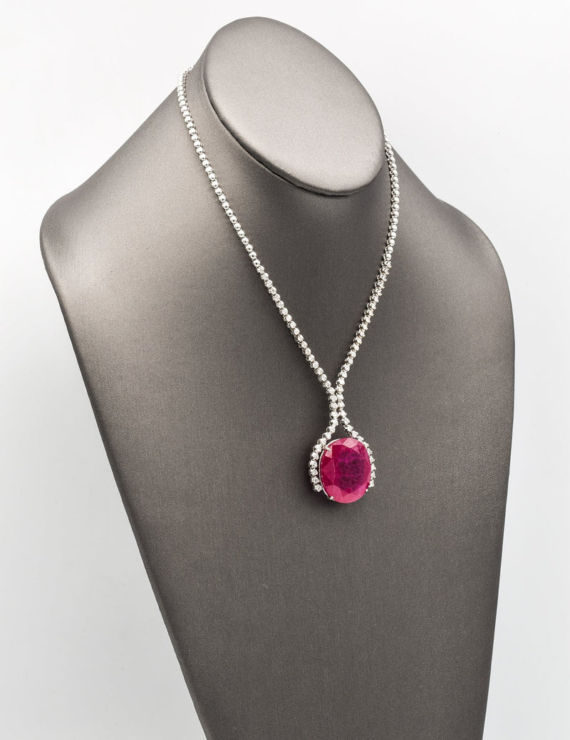 Estate 18K White Gold 52.62 Carats Ruby & 1.92 TCW Diamond Tennis Necklace H/I SI-1-I/1