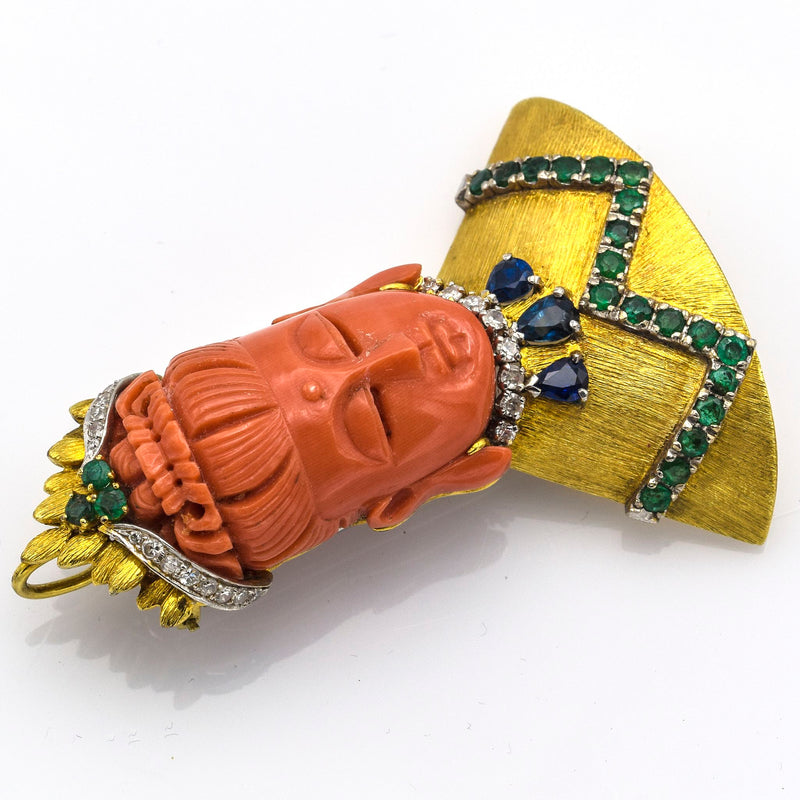 Antique 18K Yellow Gold Red Coral Multi-Stone & Diamond Brooch Pin Pendant