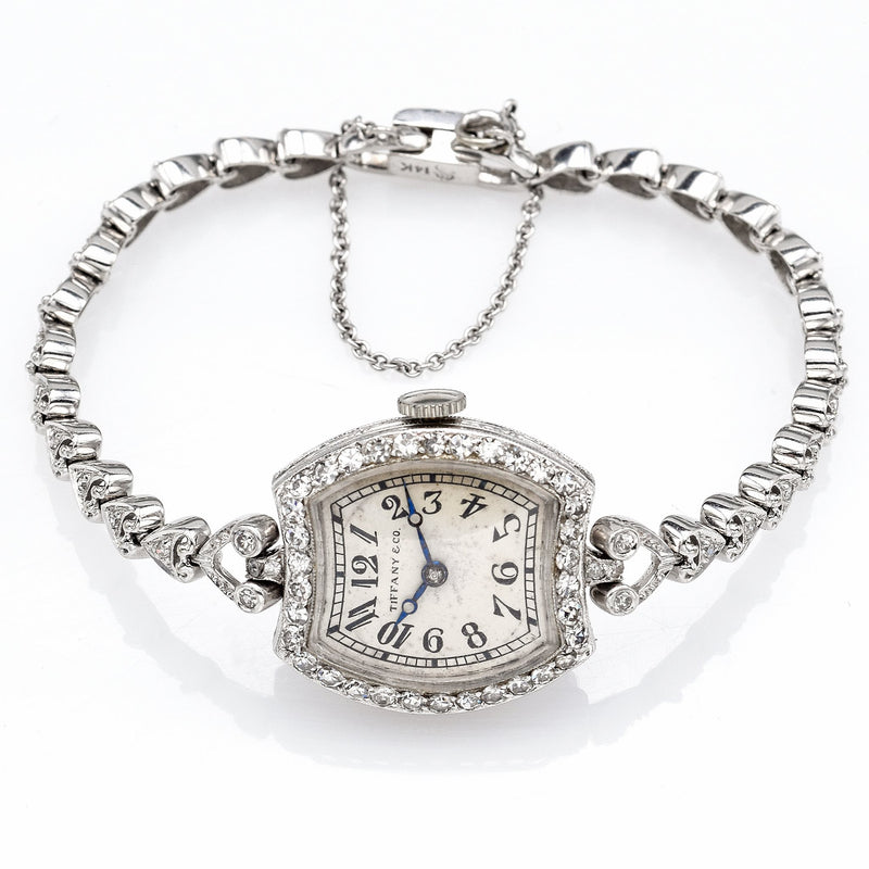 Antique Platinum Tiffany & Co. Diamond Watch 14K Gold Band Women's