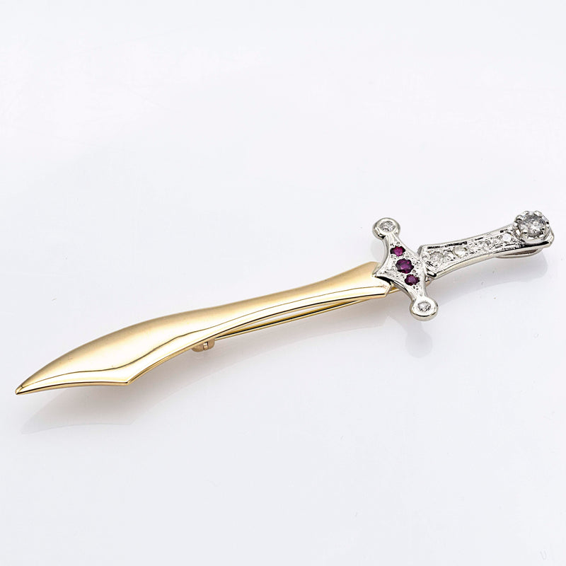 Vintage 14K Yellow Gold Diamond & Ruby Sword Brooch Pin Pendant