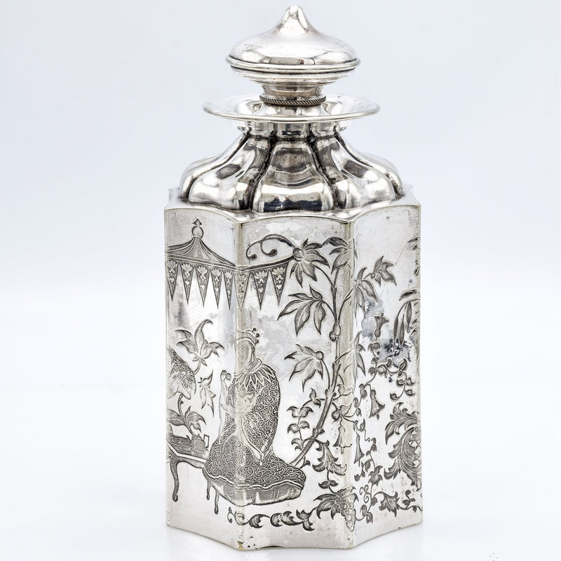Antique 1886 .800 Silver German Flask With Chinoiserie Design