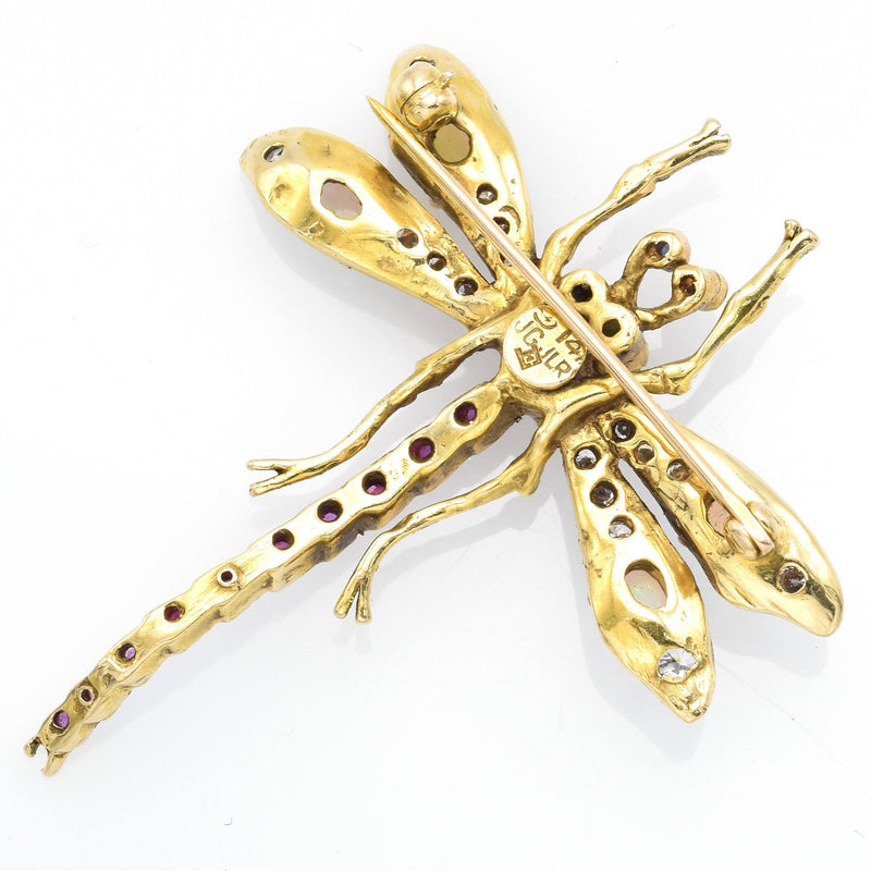 Antique 14K Yellow Gold Multi-Stone & 0.7 TCW Diamond Dragonfly Brooch Pin