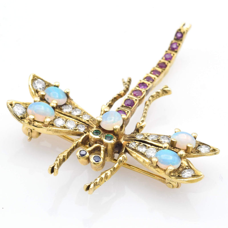 Antique 14K Yellow Gold Multi-Stone & 0.7 TCW Diamond Dragonfly Brooch Pin