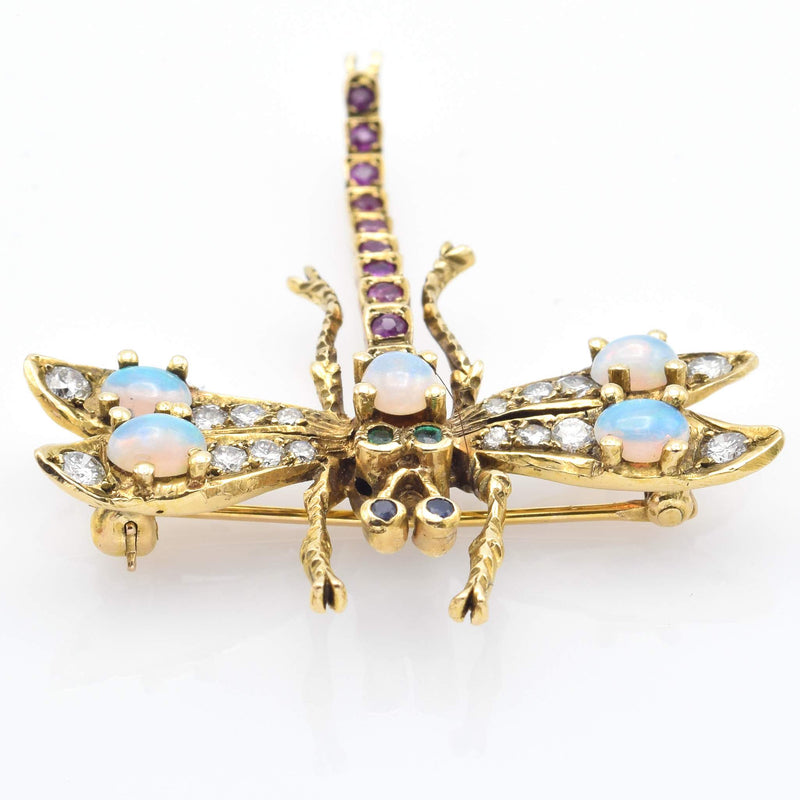 Antique 14K Yellow Gold Multi-Stone & 0.7 TCW Diamond Dragonfly Brooch Pin