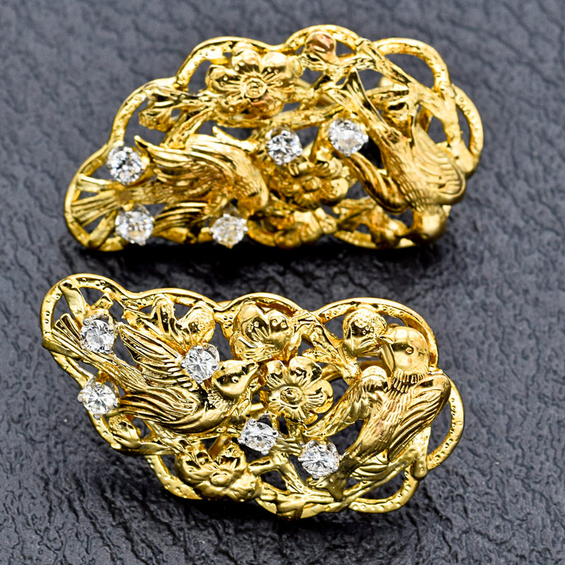 Ming's Vintage 14K Yellow Gold Diamond Bird Omega Back Earrings G/H SI-1