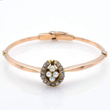 Antique 14K Yellow Gold 0.55 TCW Mine Cut Diamond & Pearl Bangle Bracelet