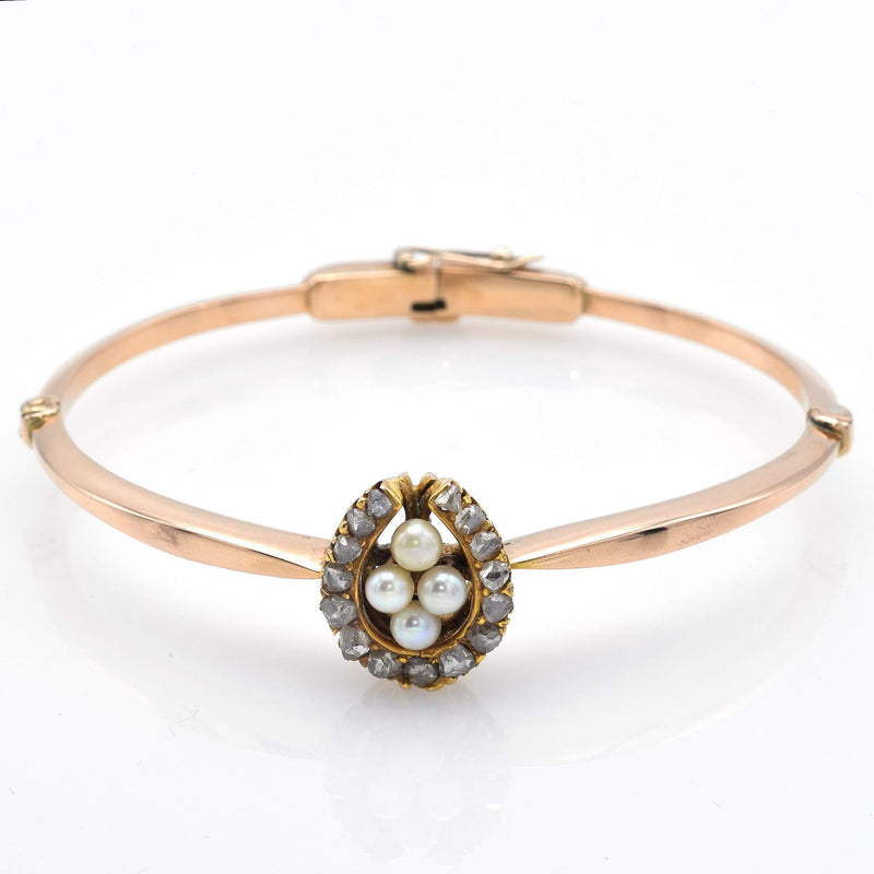 Antique 14K Yellow Gold 0.55 TCW Mine Cut Diamond & Pearl Bangle Bracelet