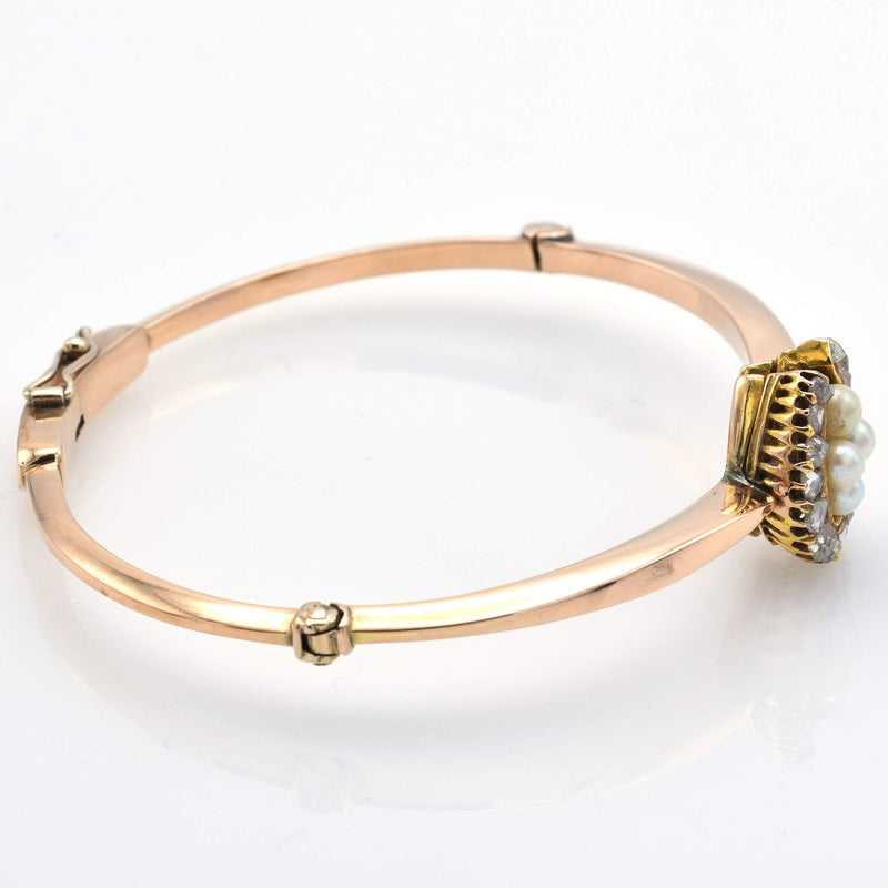 Antique 14K Yellow Gold 0.55 TCW Mine Cut Diamond & Pearl Bangle Bracelet