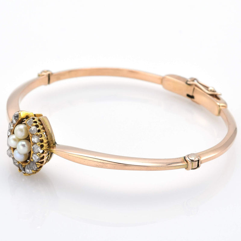 Antique 14K Yellow Gold 0.55 TCW Mine Cut Diamond & Pearl Bangle Bracelet