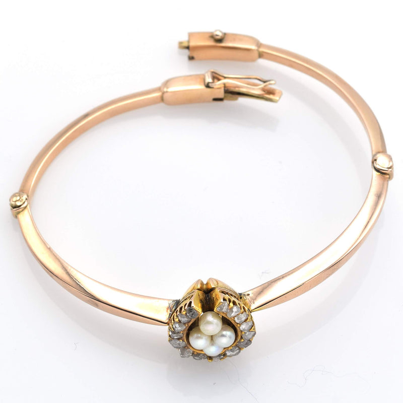 Antique 14K Yellow Gold 0.55 TCW Mine Cut Diamond & Pearl Bangle Bracelet