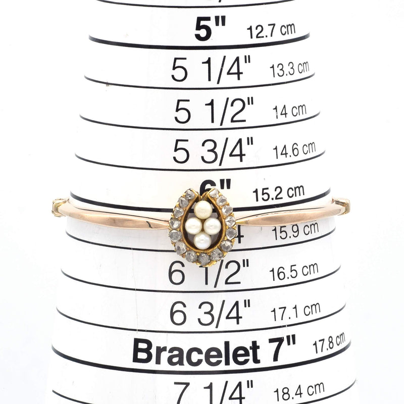 Antique 14K Yellow Gold 0.55 TCW Mine Cut Diamond & Pearl Bangle Bracelet