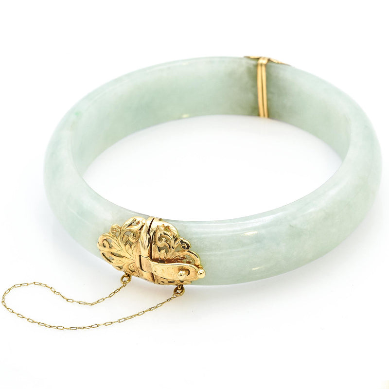 Vintage Ming's 14K Yellow Gold Green Jade Hinged Bangle Bracelet