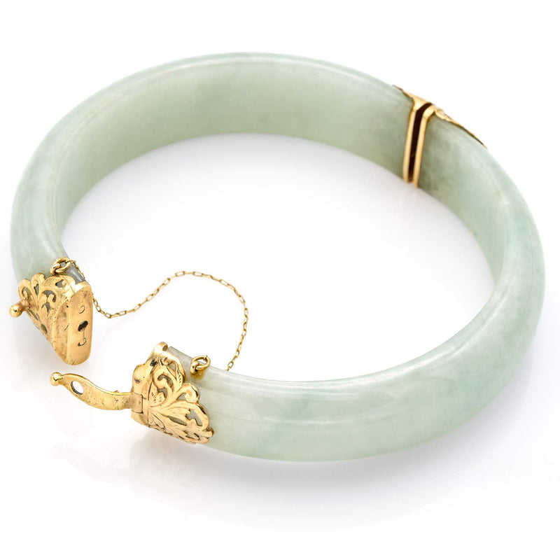 Vintage Ming's 14K Yellow Gold Green Jade Hinged Bangle Bracelet