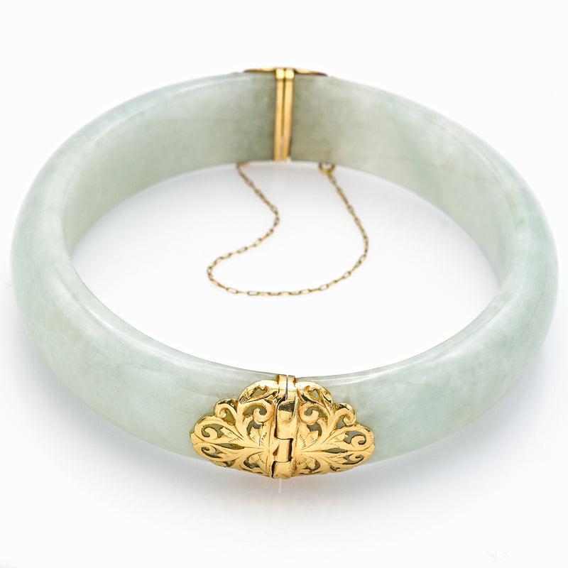 Vintage Ming's 14K Yellow Gold Green Jade Hinged Bangle Bracelet