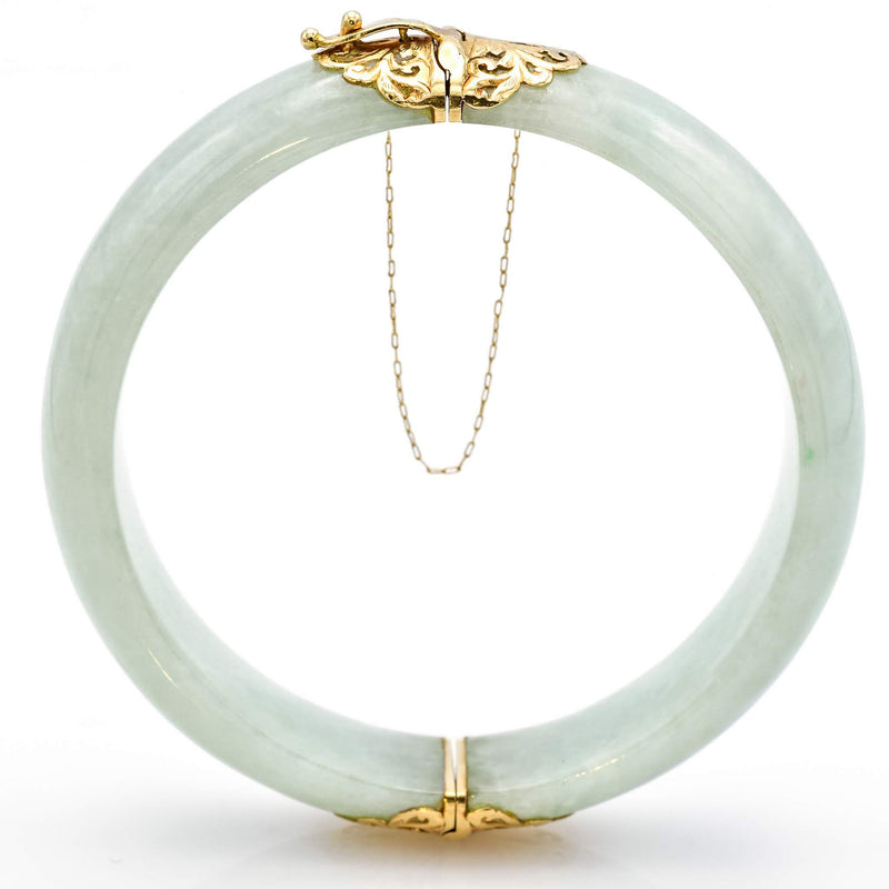 Vintage Ming's 14K Yellow Gold Green Jade Hinged Bangle Bracelet