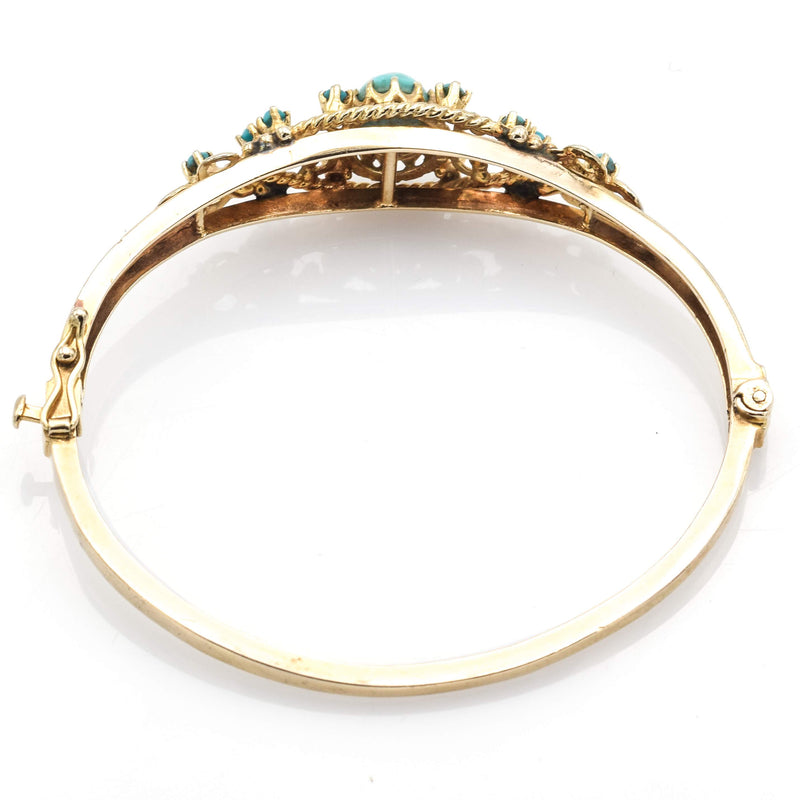 Antique Victorian 14K Yellow Gold Turquoise Hinged Bangle Bracelet
